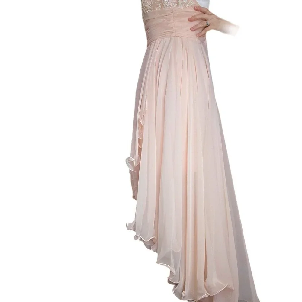 80s Vintage XS Light Pink Chiffon Flowy‎ Pearl Beaded High Low Halter Formal